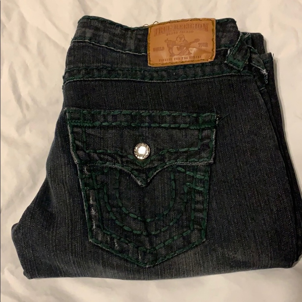 True Religion 30 jeans with green thread.